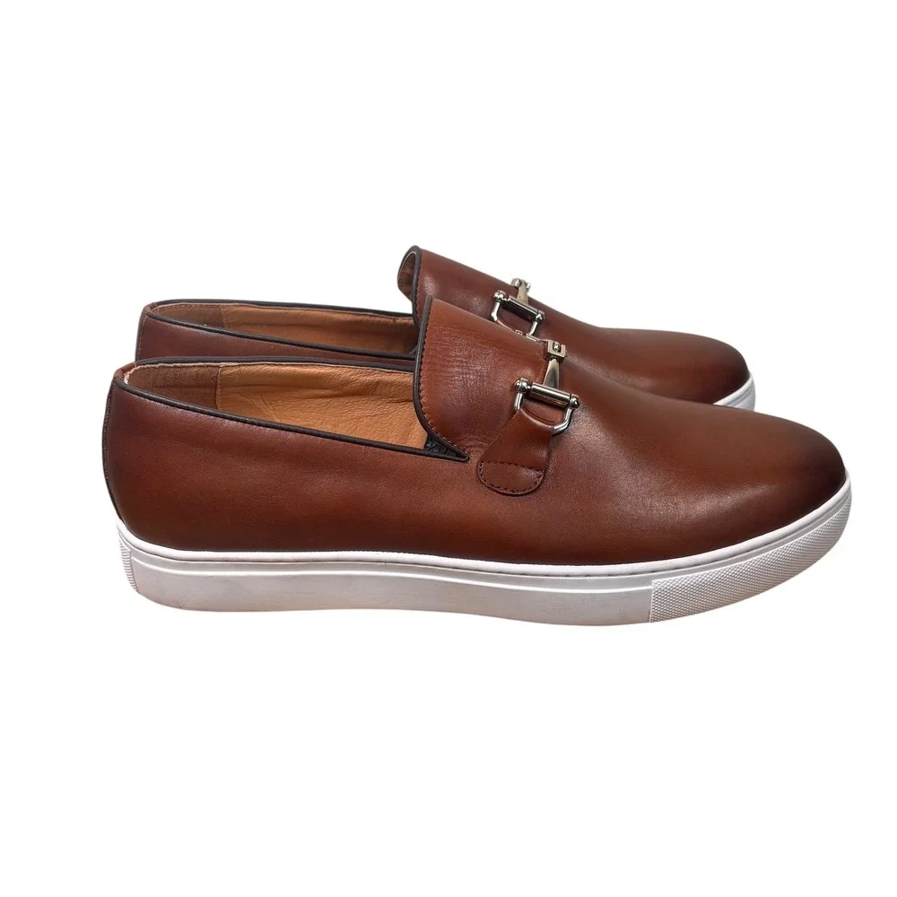 Marc Nolan Mens Cognac Brown Leather Bit Loafer Sneakers Silver Hardware SZ 16